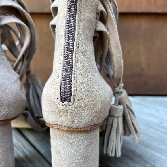 Jeffrey Campbell Despina Gray Taupe Suede Strappy Tassel Block Heels Size 6 - Picture 7 of 16